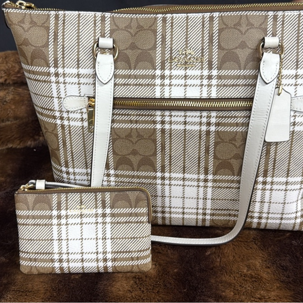 Coach Brown and Cream Tartan Tote Bag